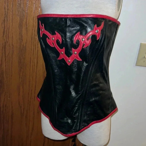 alter ego Other - Alter Ego Black/Red Goth Renaissance Lamb Leather Lace Up Corset 34